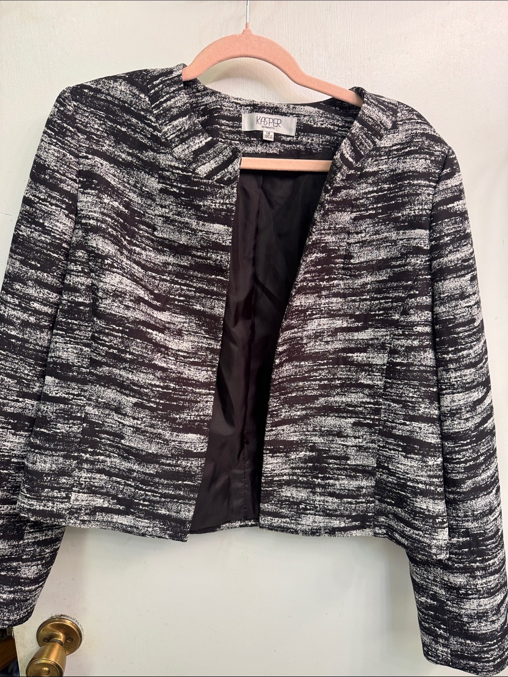 Kasper Black & White Textured Collarless Open Blazer